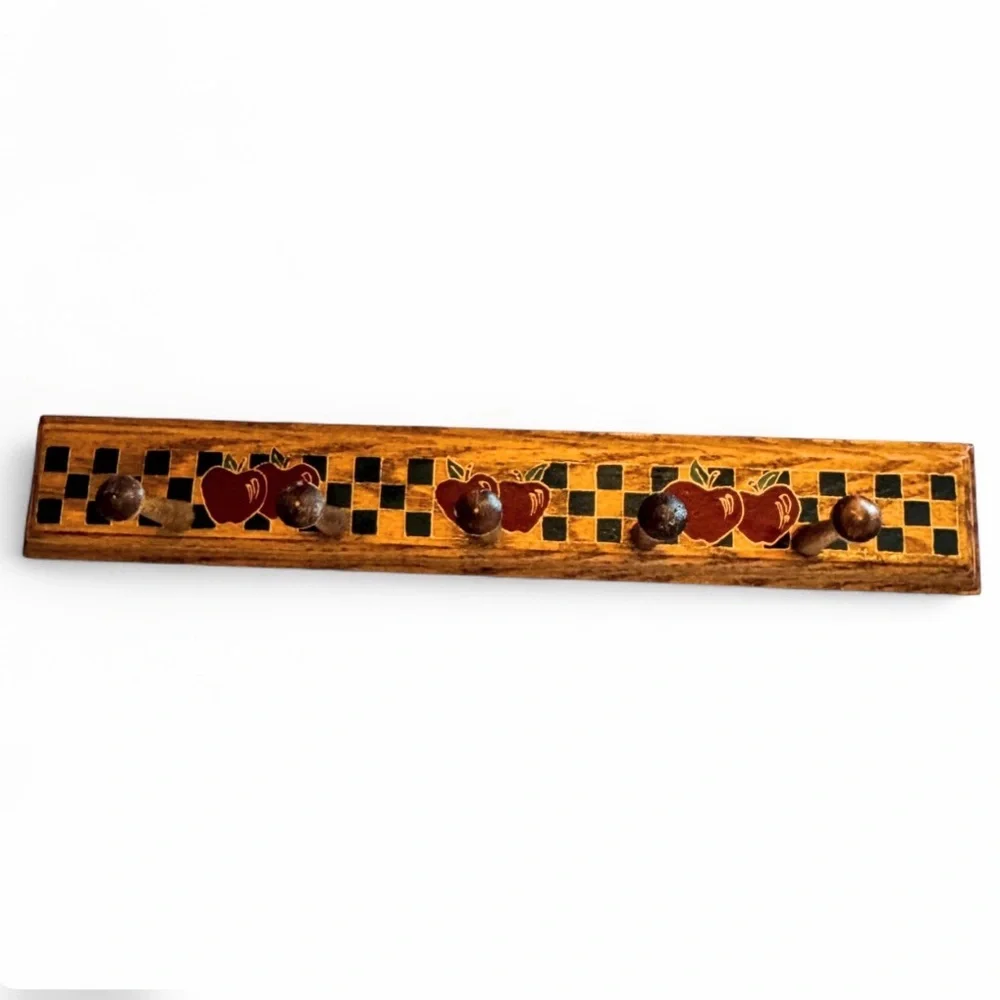 Vintage Wooden Wall Coat Rack Hand Painted Apple Checker Farmhouse Cottagecore